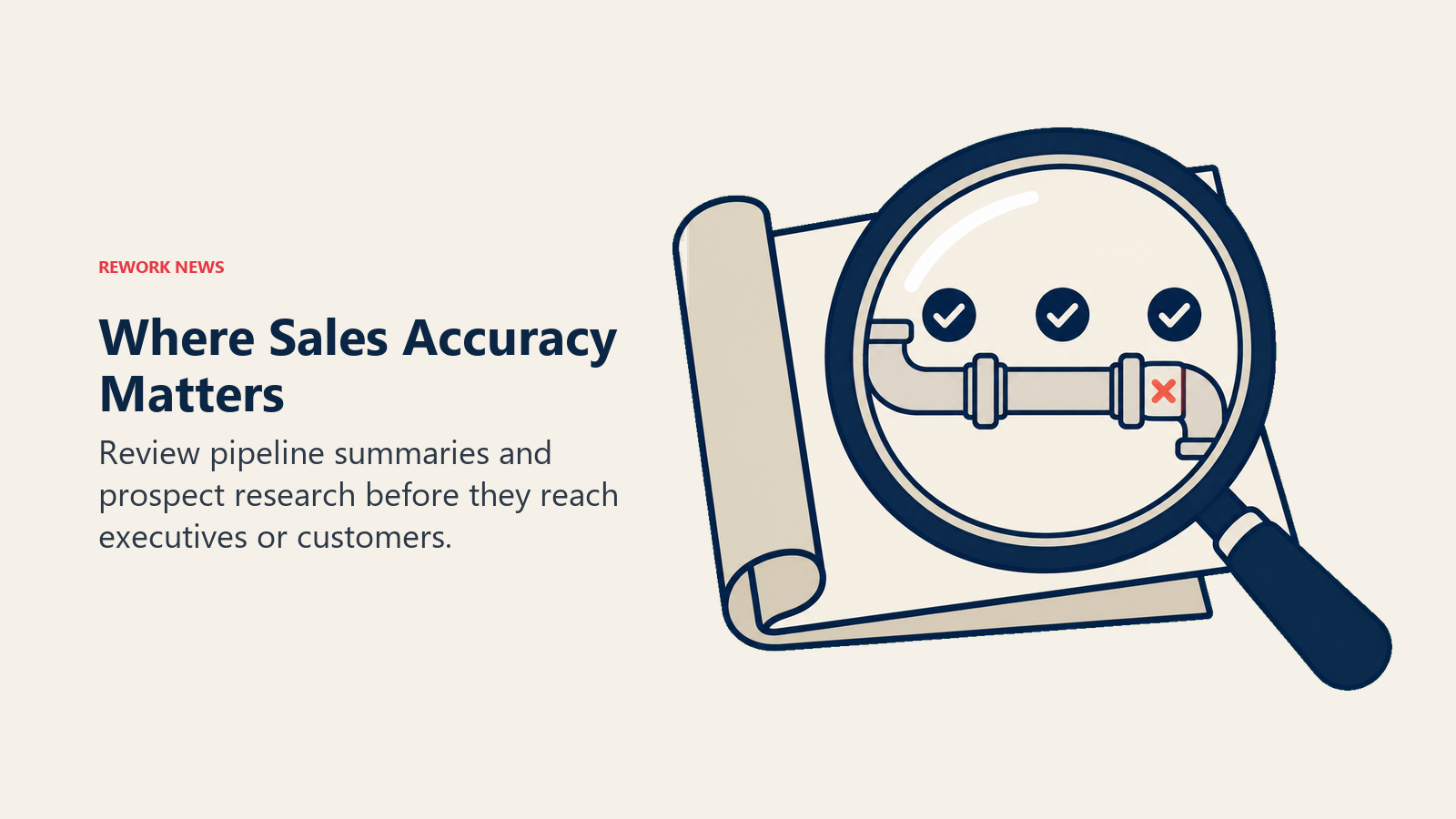Where Sales Accuracy Matters: fact-checking lens illustrating review pipeline summaries and prospect research before they reach executives or customers.