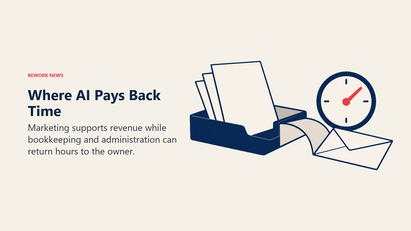 An admin in-tray turns paperwork into a finished envelope beside a reclaimed-time clock