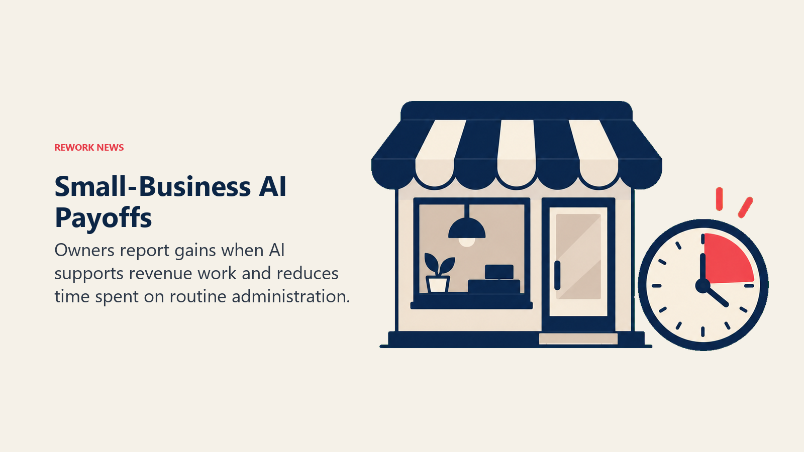 A small-business storefront beside a clock represents business operations and recovered owner time