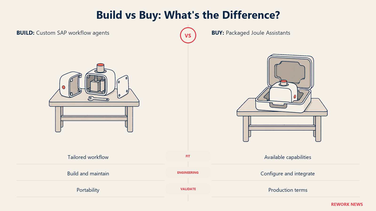 Build versus buy shown by a custom module on an assembly bench beside a packaged assistant