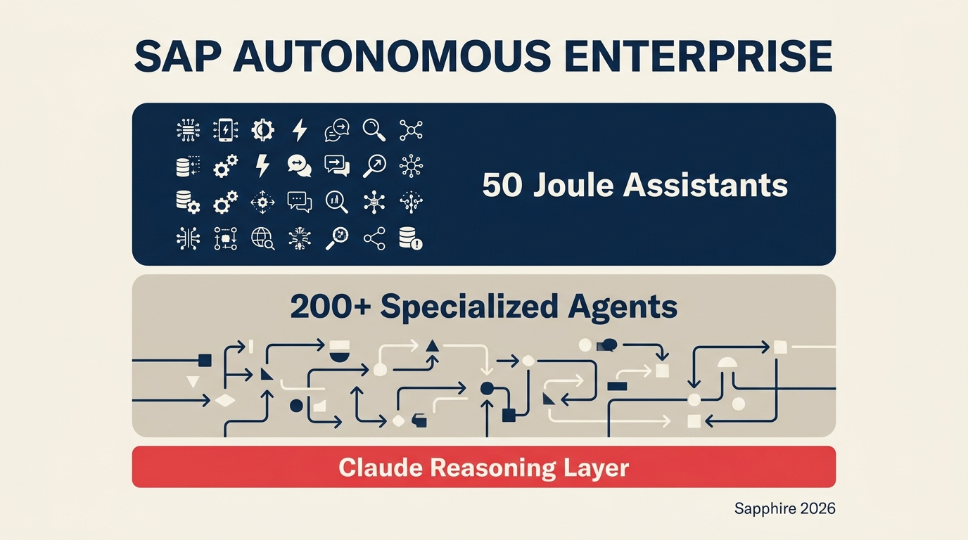 SAP Sapphire 2026 autonomous enterprise stack diagram showing 50 Joule Assistants over 200 specialized agents