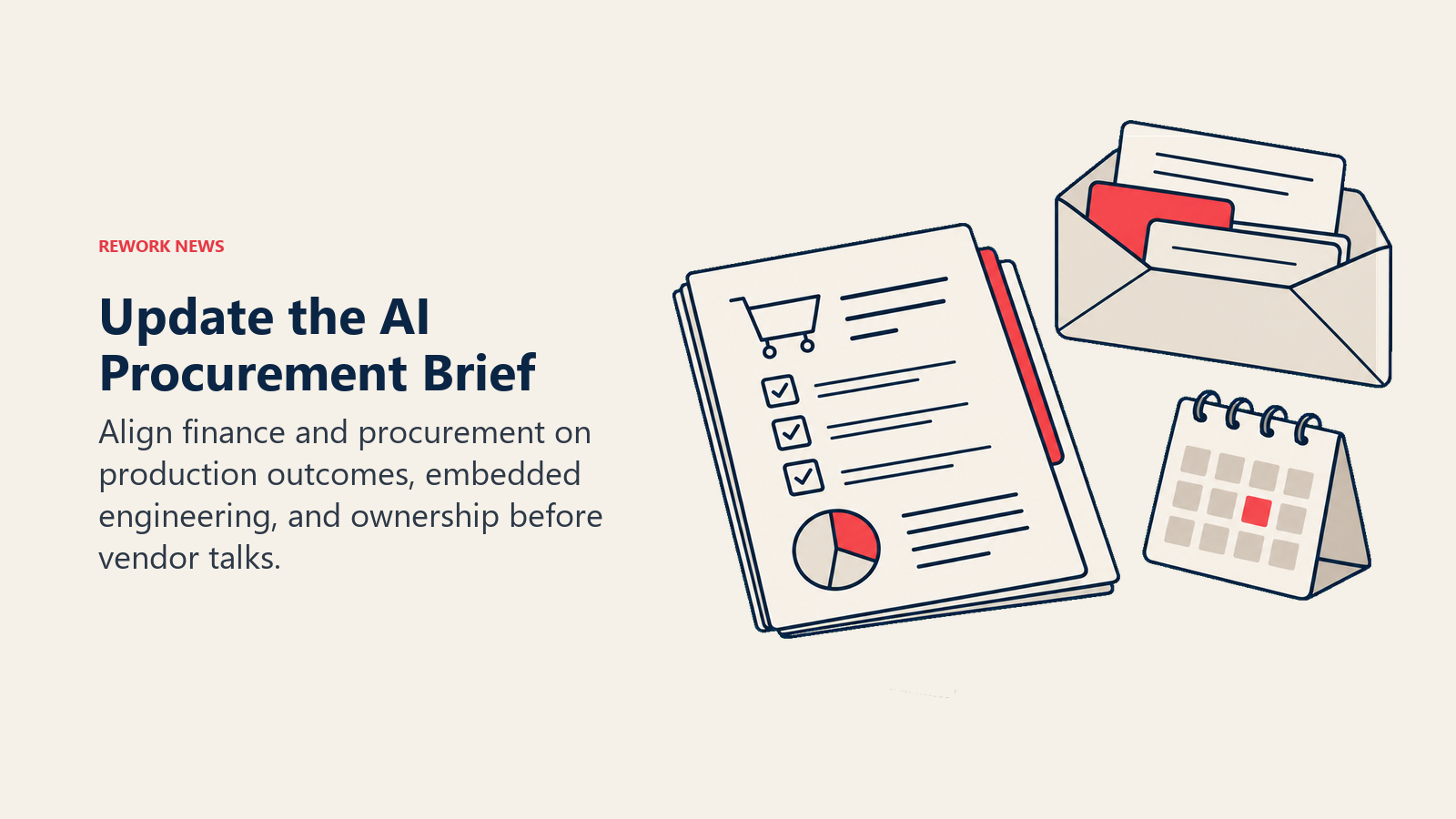 An updated AI procurement brief beside a budget envelope and a planning calendar