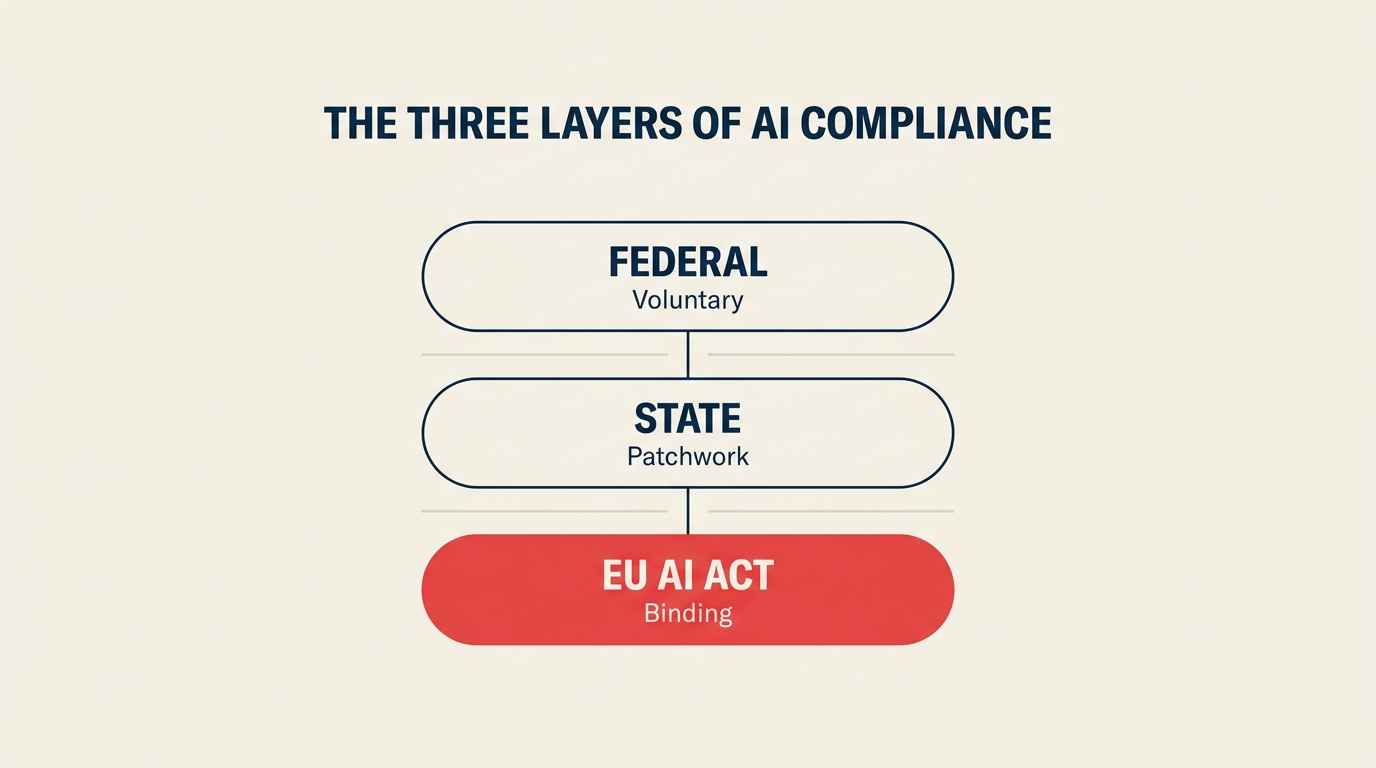 Three layers of AI compliance: a voluntary federal order, a growing state-law patchwork, and the binding EU AI Act