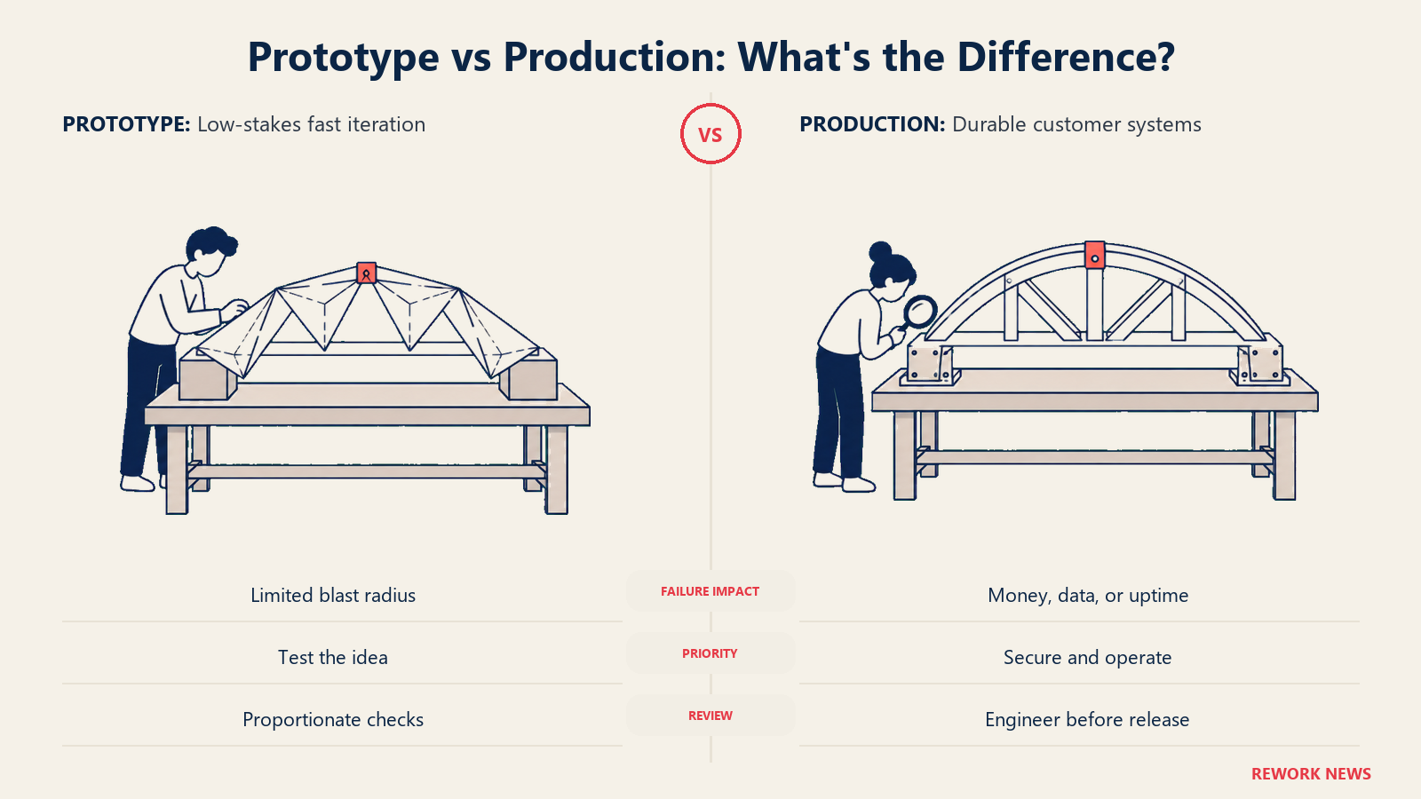Prototype versus production shown by a paper bridge experiment beside an inspected reinforced bridge