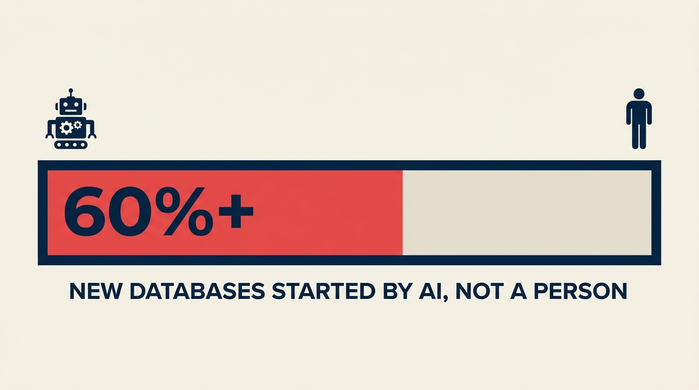 Bar showing more than 60 percent of new databases on the platform are now started by an AI coding tool rather than a person