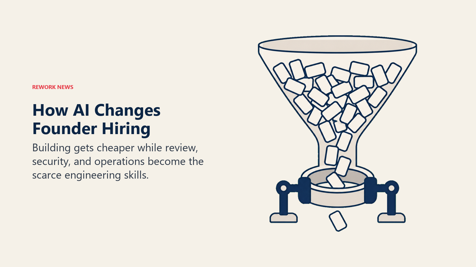 AI founder hiring bottleneck shown by rapidly generated blocks passing through a narrow review ring