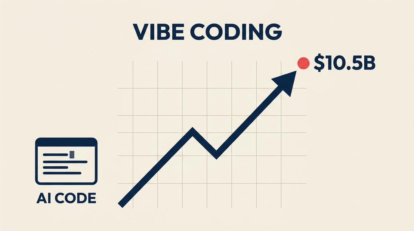 Concept image of AI coding tools starting most new software projects, with a rising chart toward a 10.5 billion dollar valuation