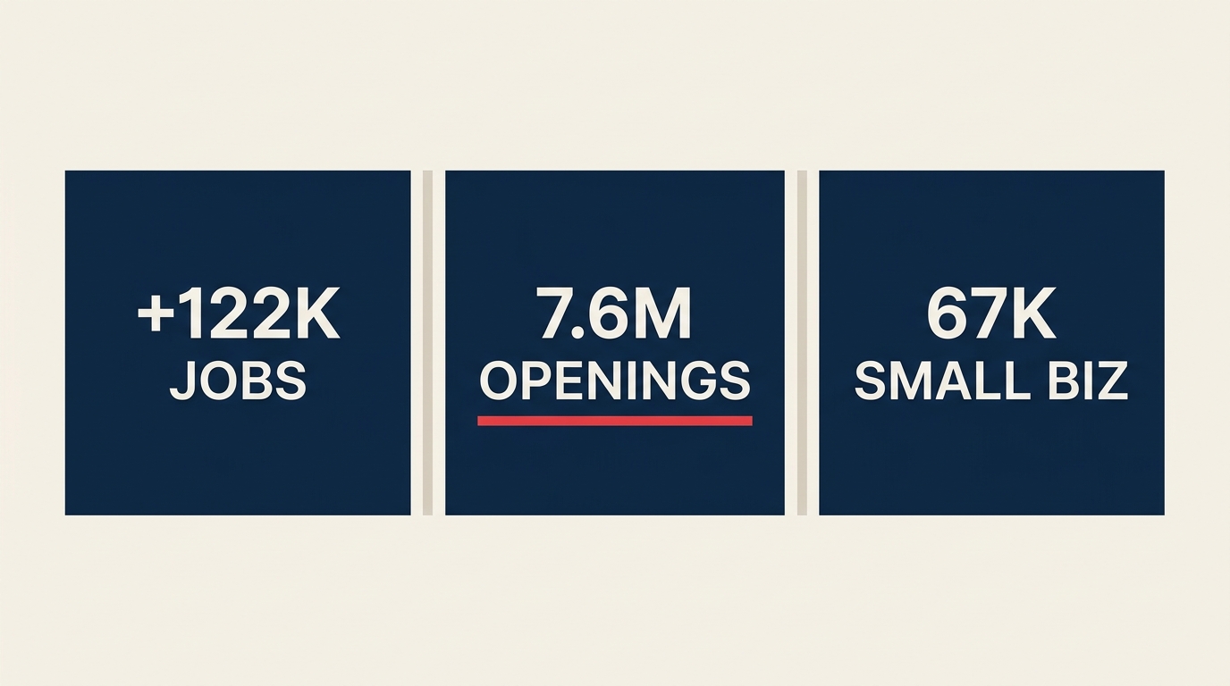 Three key data points: 122,000 jobs added, 7.6 million job openings, and 67,000 small-business jobs