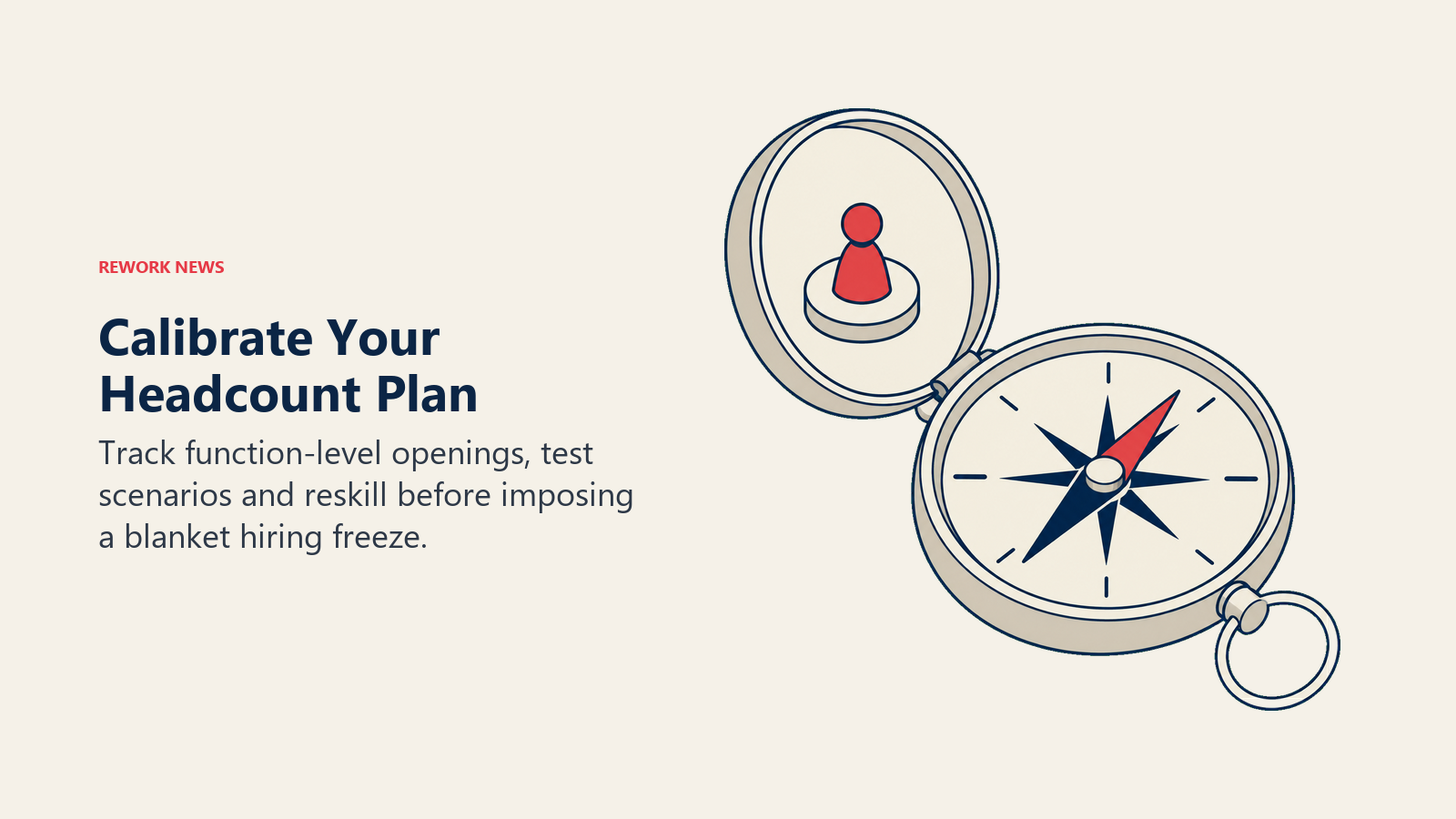 A compass and role token illustrate calibrated workforce planning and function-level hiring decisions