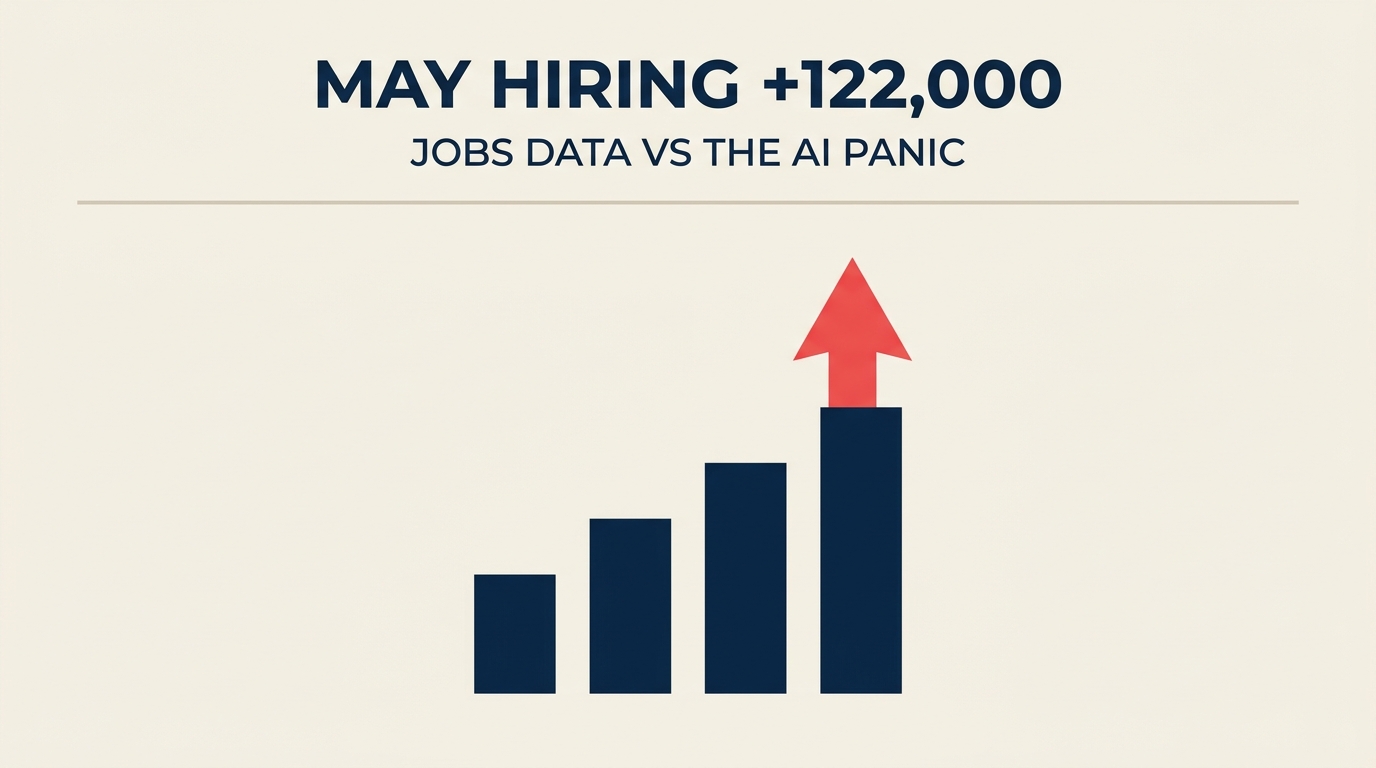 Bar chart showing US private payrolls added 122,000 jobs in May 2026 versus the AI job-loss narrative