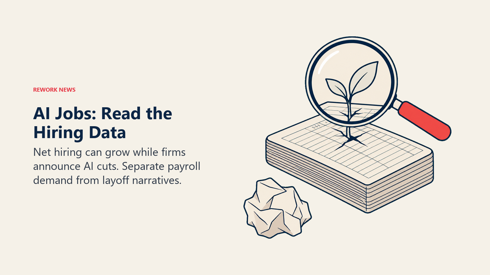 AI jobs data shown as a payroll ledger sprout examined through a magnifying glass beside discarded headlines