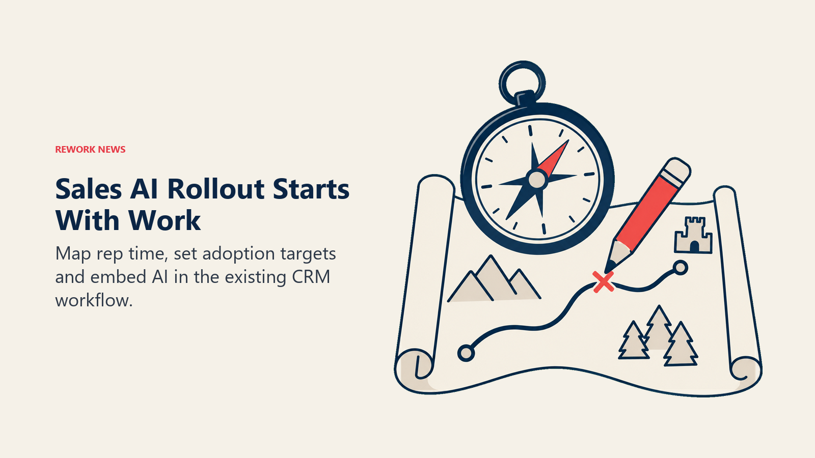 Compass and marked workflow map showing where sales leaders should redesign rep work before an AI rollout