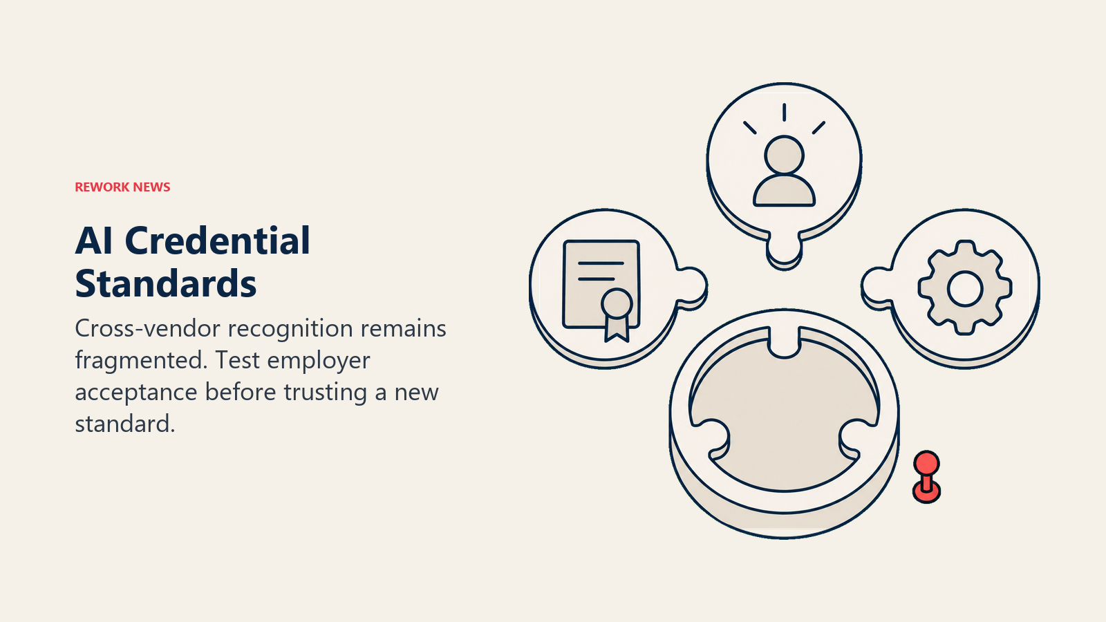 Separate credential medallions surround an unfilled shared seal, showing fragmented AI certification standards