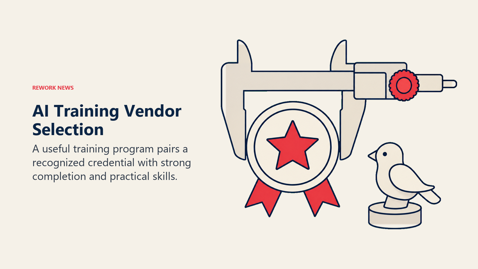 Caliper measures a training badge beside a completed work sample to assess AI training vendor quality