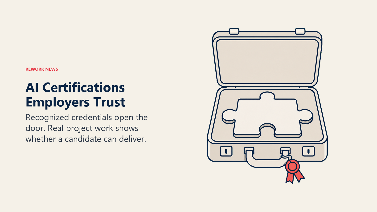 Open portfolio case with a fitted project artifact and certification ribbon, showing why employers value evidence of AI skills