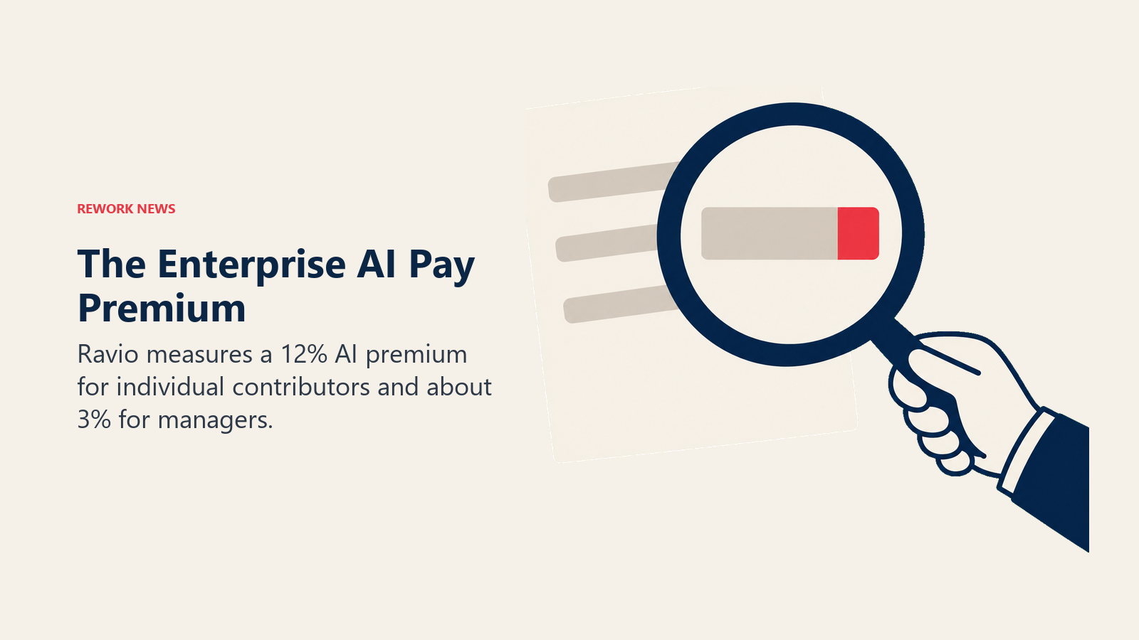 Enterprise AI pay premium shown as a magnifier revealing a small increment on a compensation slip