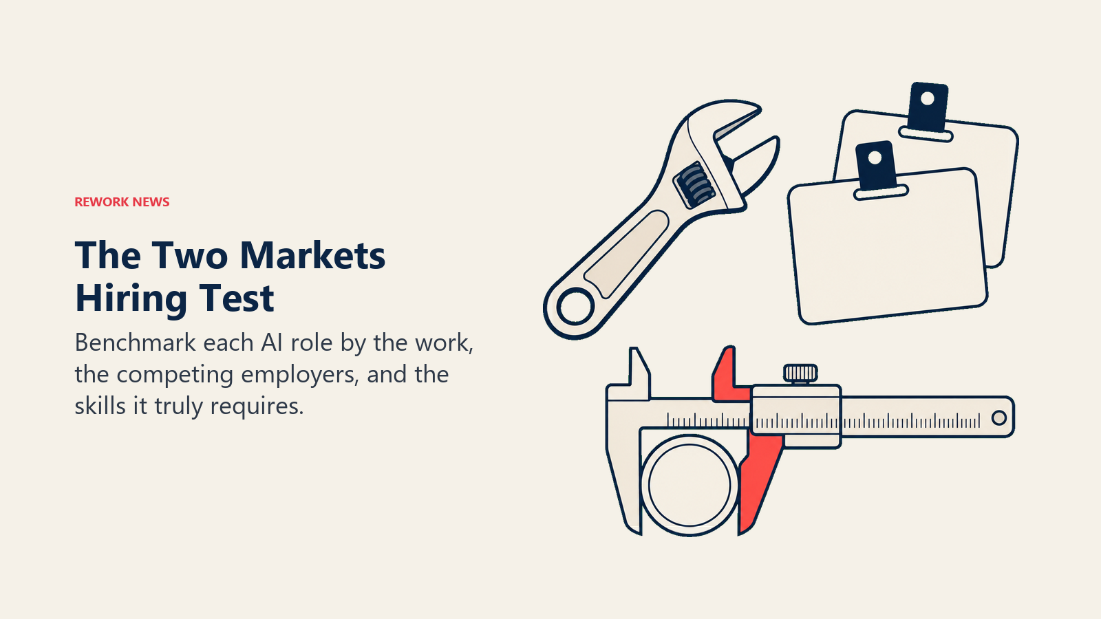 AI hiring market test shown with a deployment wrench, employer badges, and a caliper measuring required skills
