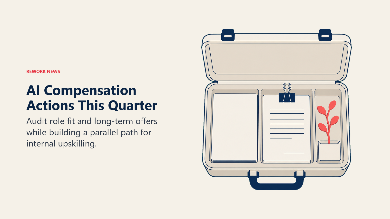 Quarterly AI compensation actions shown as a role brief, contract, and internal training branch in a field kit