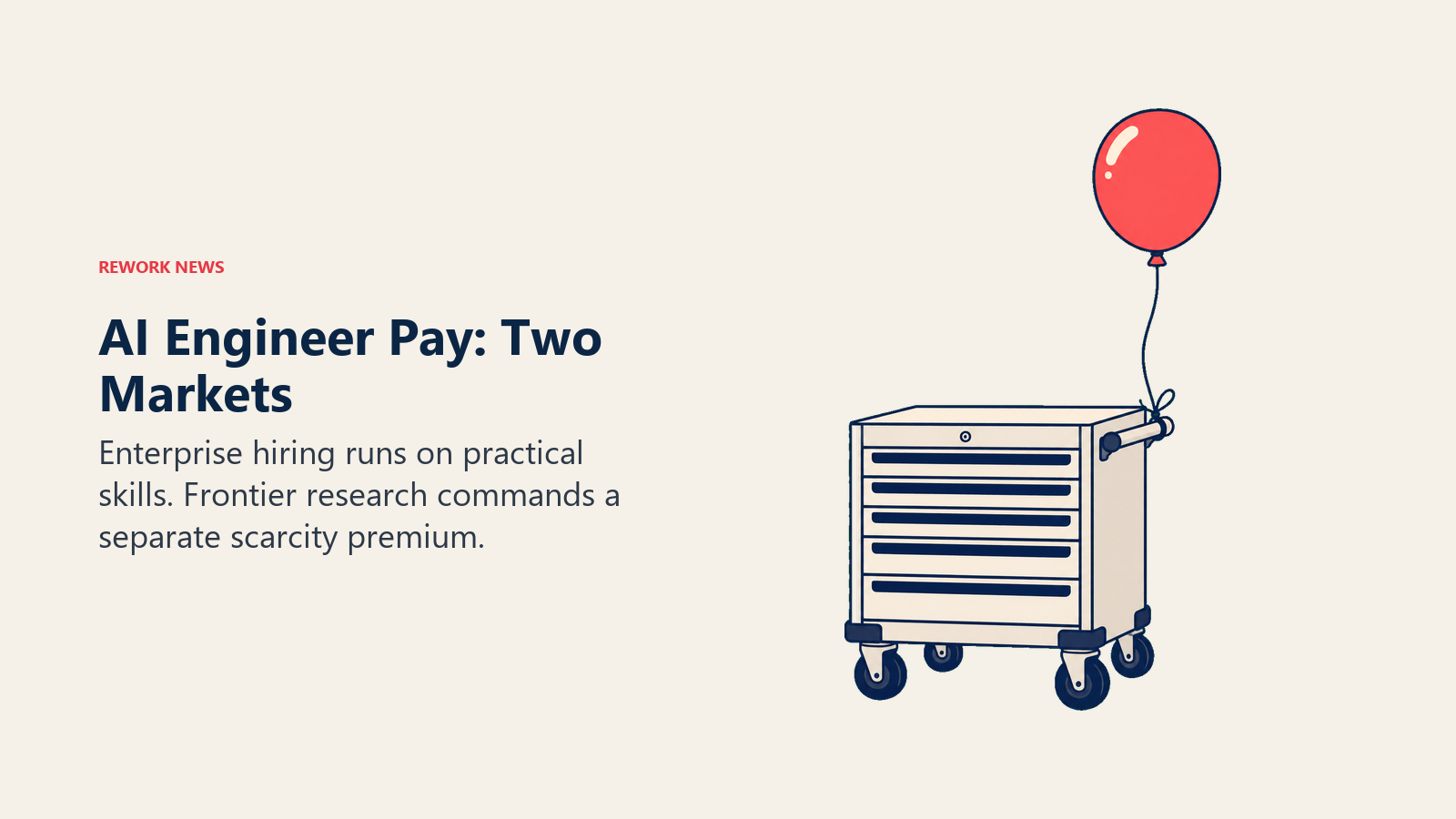 AI engineer pay shown as a grounded enterprise tool chest tethered to an inflated frontier compensation balloon