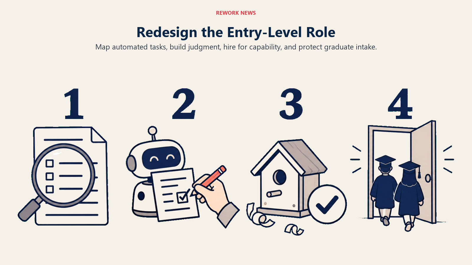Redesign the Entry-Level Role: four numbered apprenticeship workstations progress from task inspection to supervised work, capability demonstration, and an open intake gate.