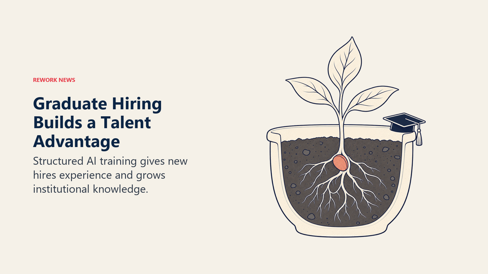 Graduate Hiring Builds a Talent Advantage: a young sapling grows in a deep protective pot with visible roots around one small coral seed.