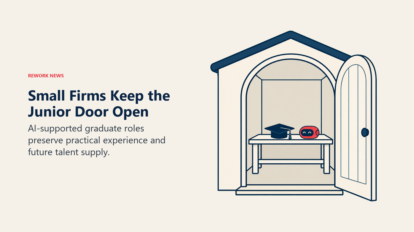 Small Firms Keep the Junior Door Open: a compact open workshop doorway with a graduate mortarboard resting on a cream workbench beside one small coral assistant tool.
