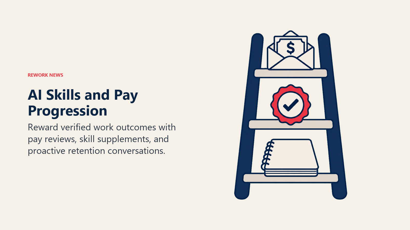 A learning workbook, assessment seal, and salary envelope connect AI skills to pay progression