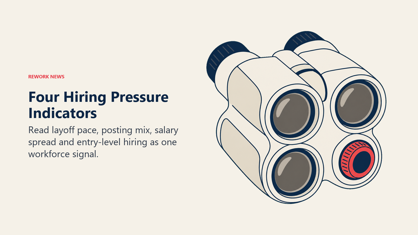 Four-lens instrument representing layoff pace, posting mix, salary spread and entry-level hiring