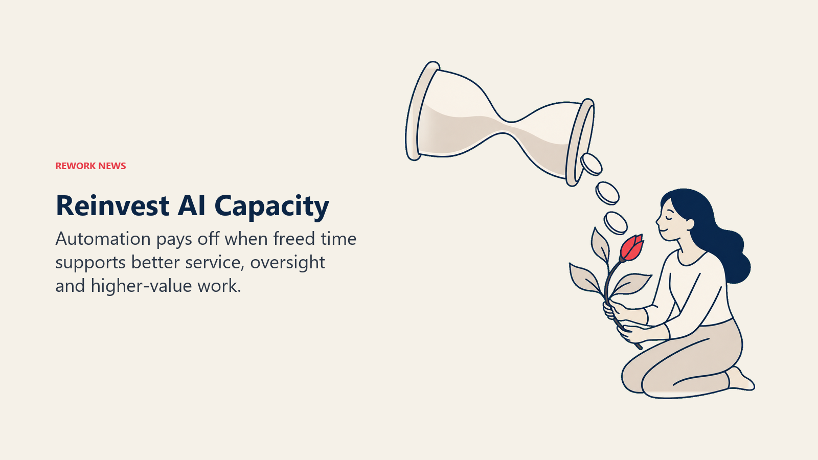 An hourglass releases time into a growing branch, illustrating reinvestment of freed AI capacity