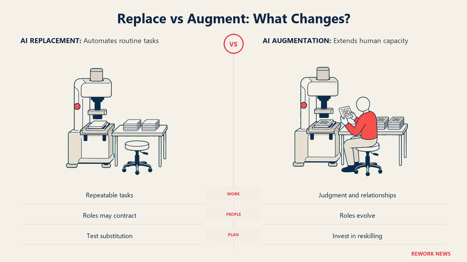 Matched AI workstations compare routine task replacement with a person inspecting more complex work through augmentation