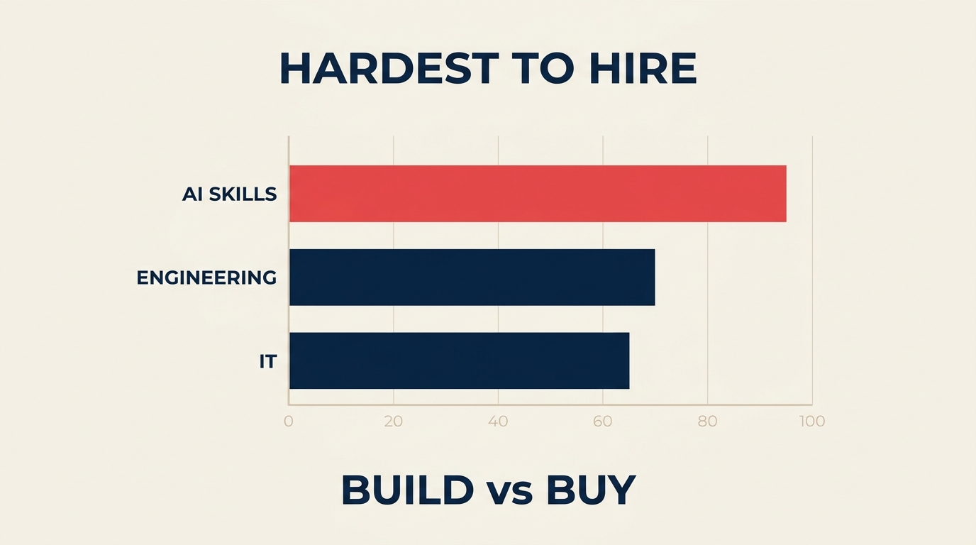 Chart showing AI skills as the hardest to hire globally, with a build-versus-buy talent decision for business owners