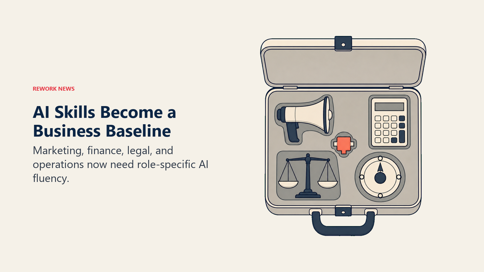 AI Skills Become a Business Baseline: a professional toolkit holds marketing, finance, legal, and operations tools around an AI connector.