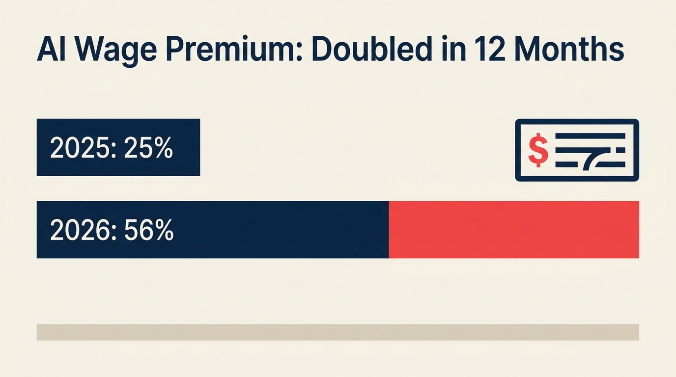 Comparison chart showing the AI wage premium doubling from 25 percent to 56 percent in twelve months