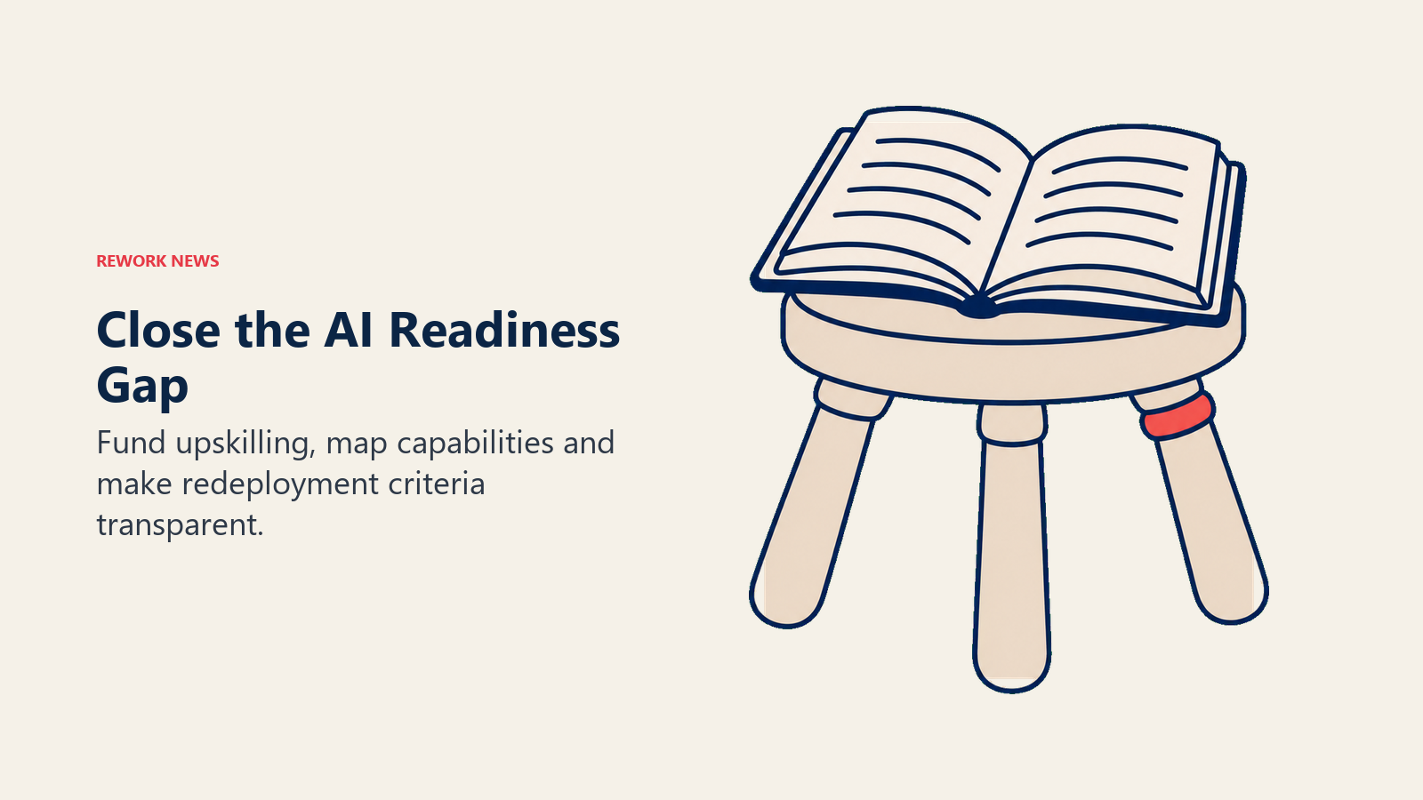 An open skills book on a three-legged stool represents funded upskilling, skills mapping and workforce trust