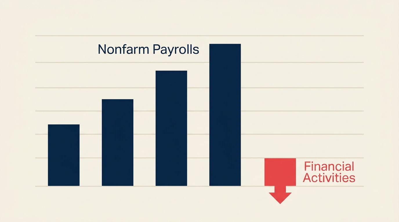 Chart showing US finance sector jobs declining in May 2026 while overall payrolls rose