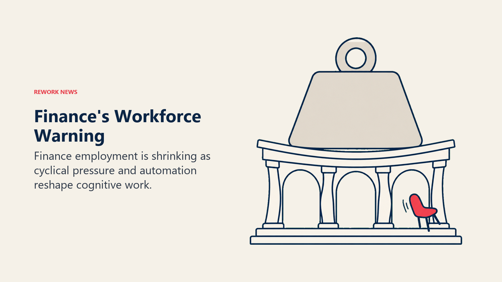 A weighted bank facade and departing chair illustrate pressure on finance employment