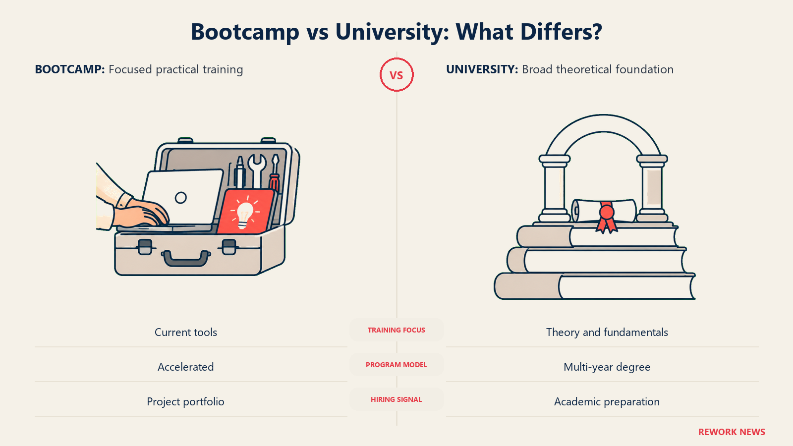 Bootcamp practical-tool preparation compared with university theoretical foundations across three hiring criteria