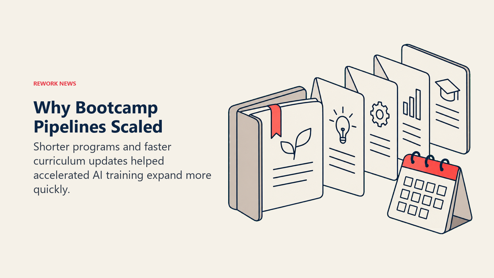 An expanding course book and short-cycle calendar illustrate rapid growth in AI bootcamp training