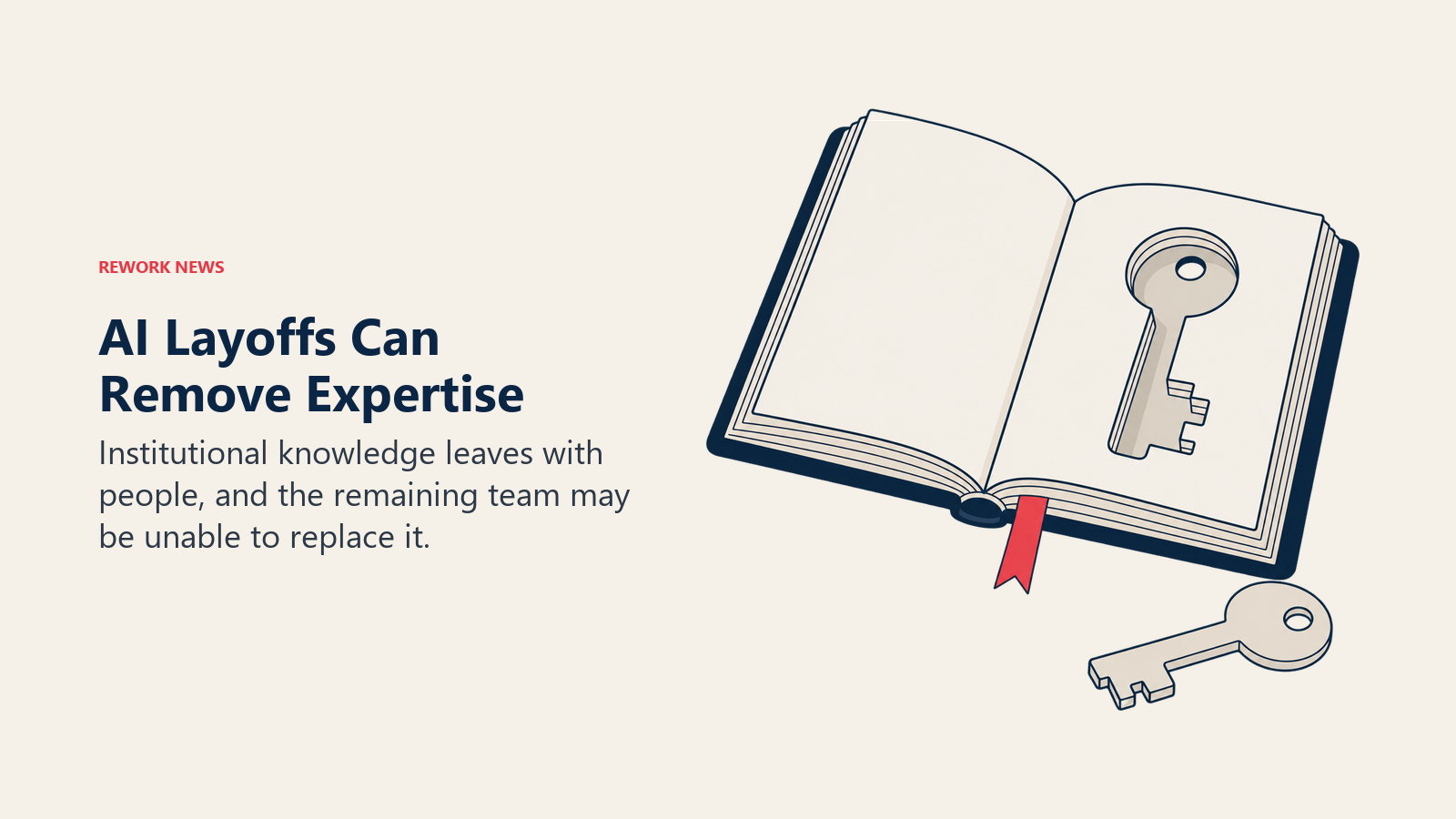 Open knowledge book with a missing key and its detached counterpart representing expertise lost in layoffs