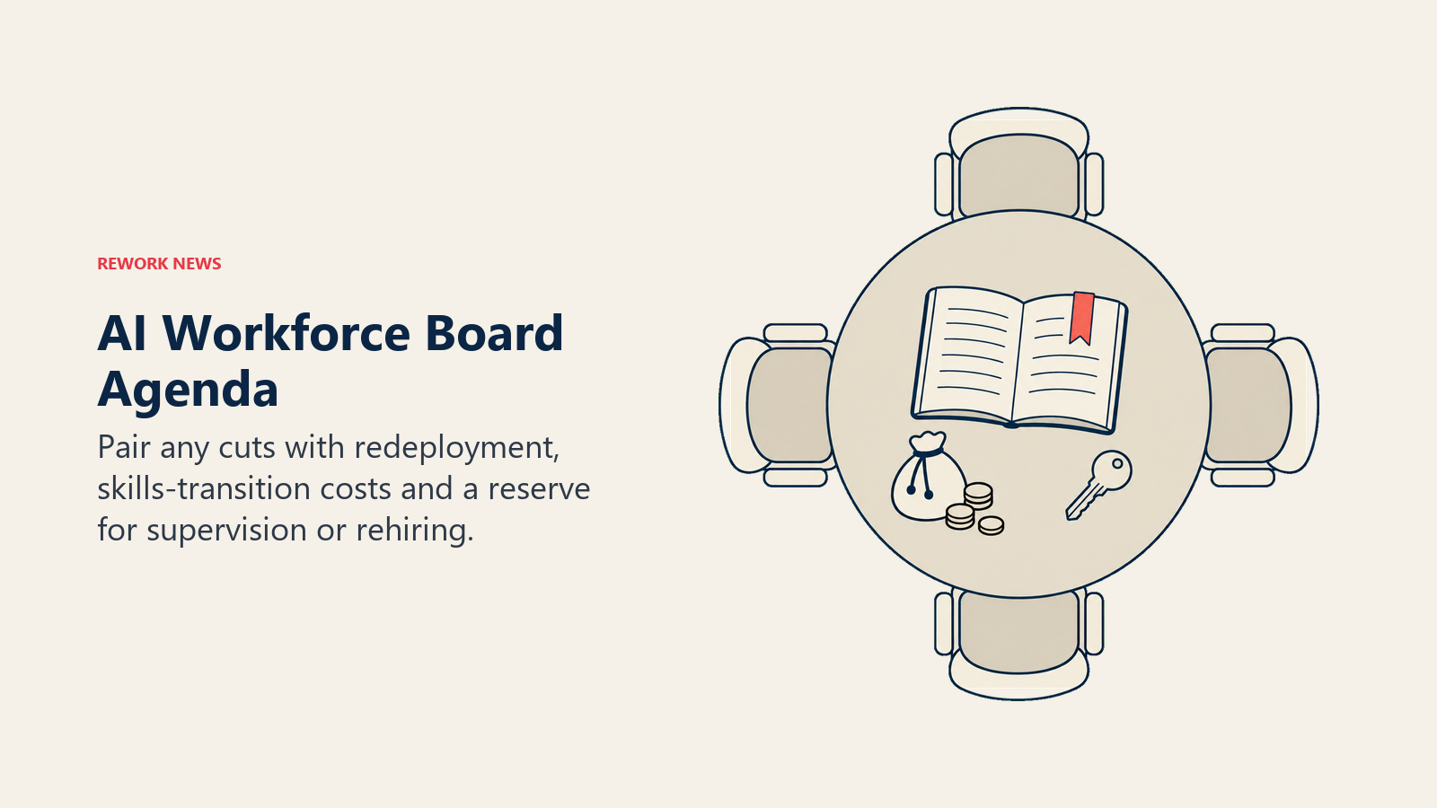 Board table with transition plan, reserve funds and redeployment key for AI workforce decisions