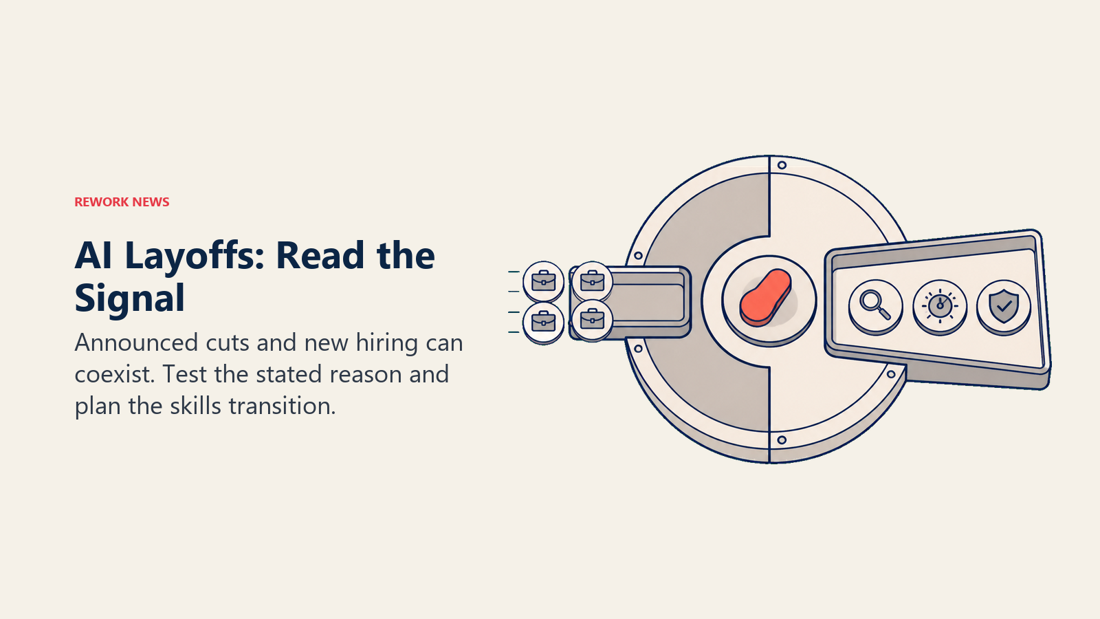 A circular workforce sorter connects routine role tokens with new oversight skills, illustrating AI workforce recomposition
