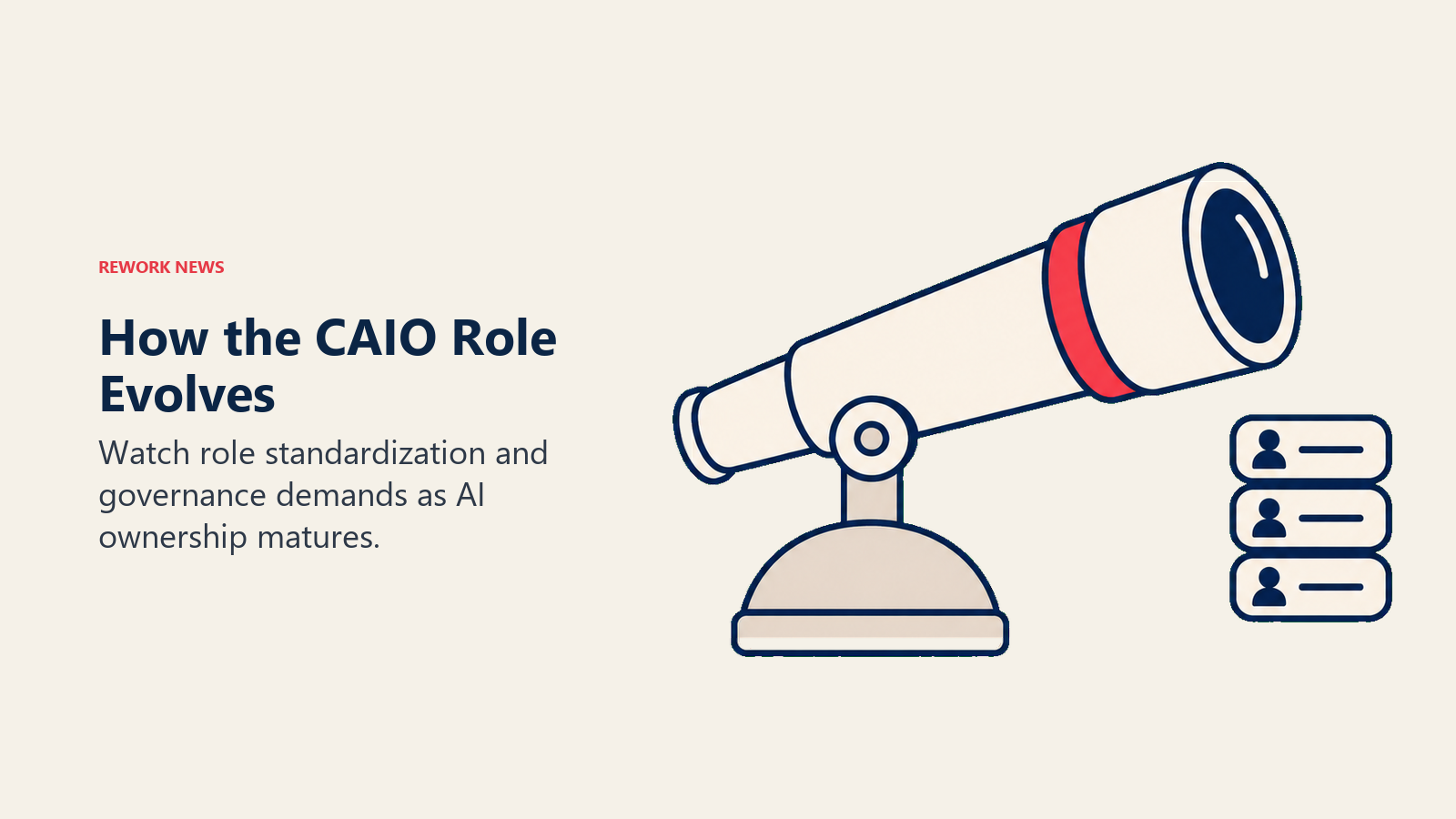 A telescope and standardized executive badges illustrate how the Chief AI Officer role may evolve