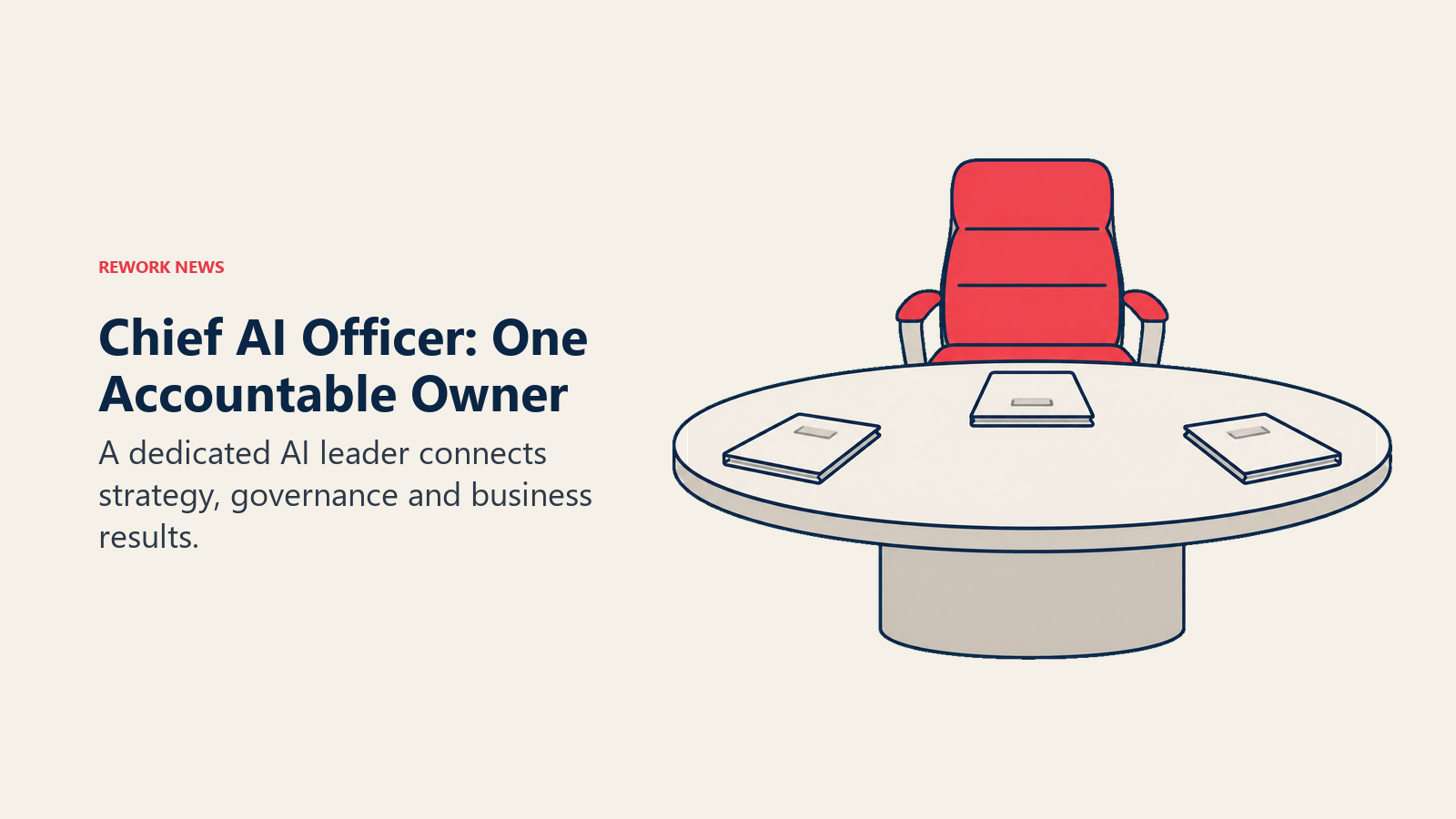 Chief AI Officer accountability represented by one executive chair at the head of a boardroom table