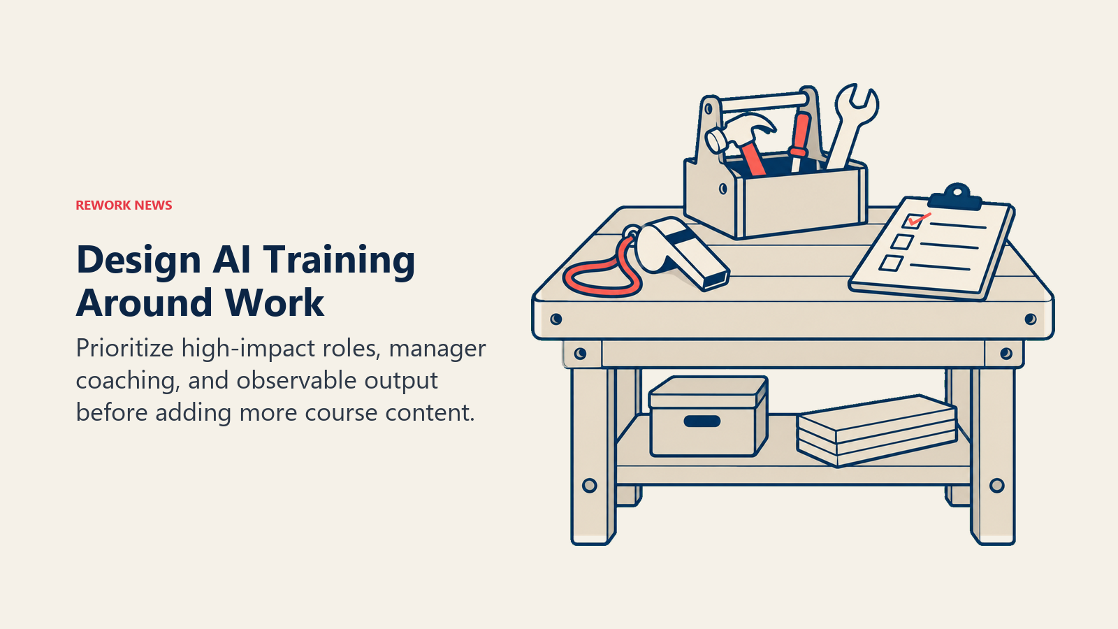A coaching whistle, tools, and checked work artifact show manager-led AI practice