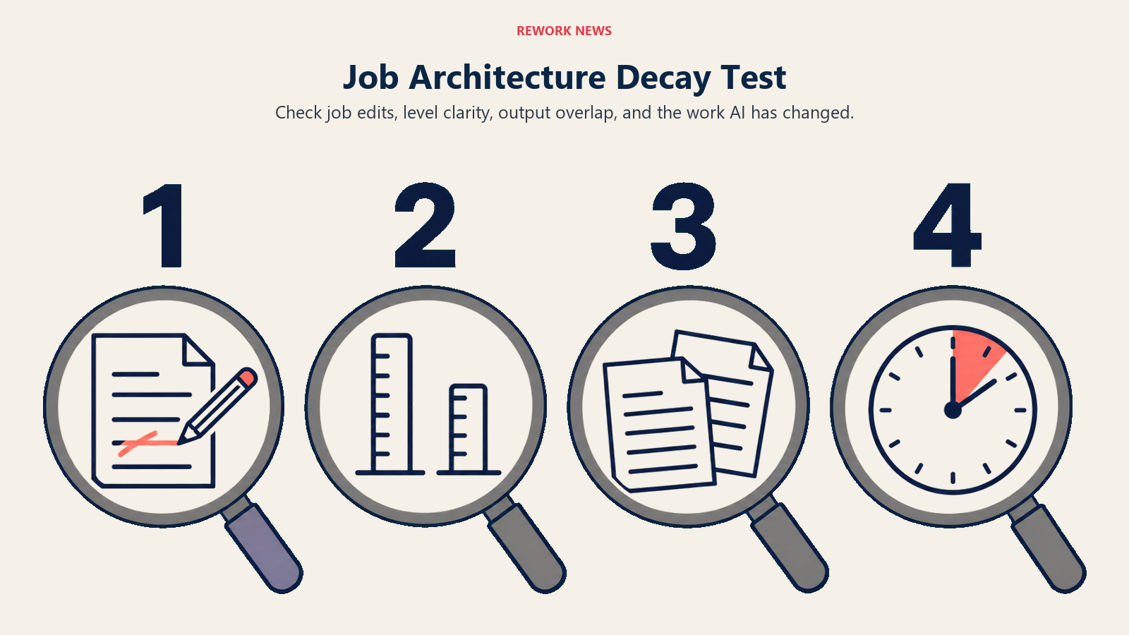 Job Architecture Decay Test: four numbered inspection lenses examine a job sheet, level markers, diverging work samples, and a changed task clock.