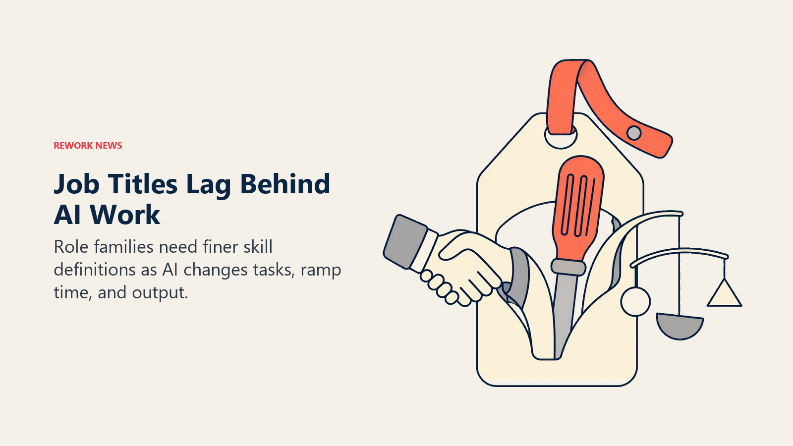 Job Titles Lag Behind AI Work: an old rigid label ring can no longer contain three expanding curved work forms.