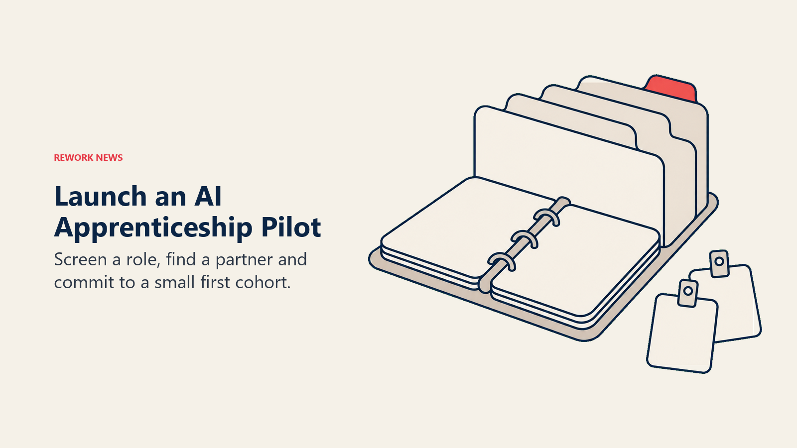 A four-part planner and apprentice badges illustrate the sequence for launching an AI apprenticeship pilot