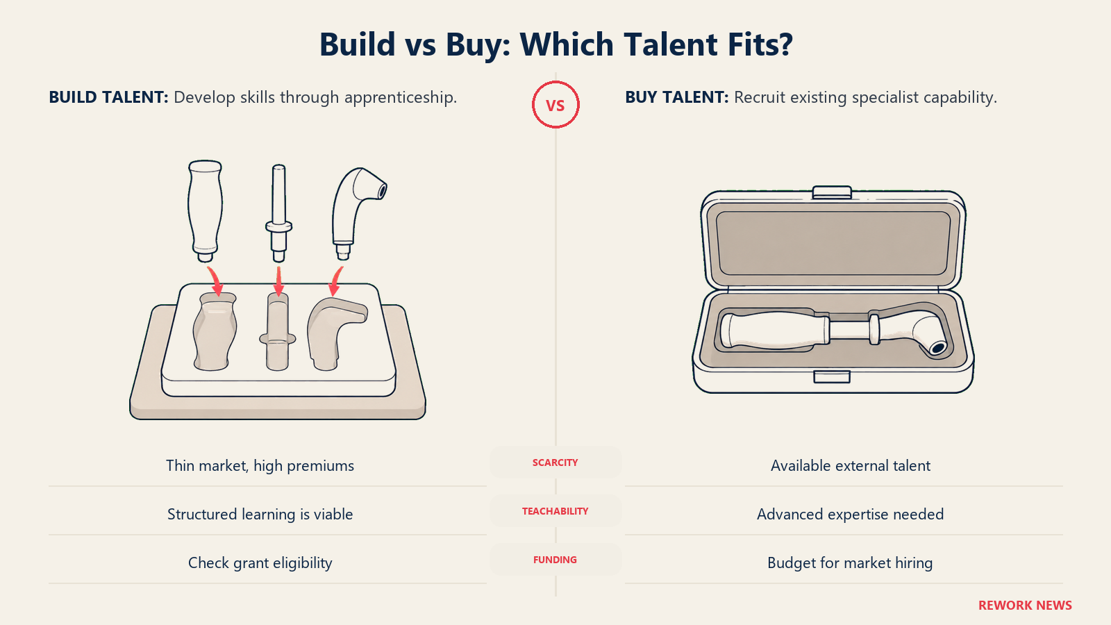 Building versus buying AI talent shown as teachable parts and a finished specialist tool, with scarcity, teachability and funding criteria