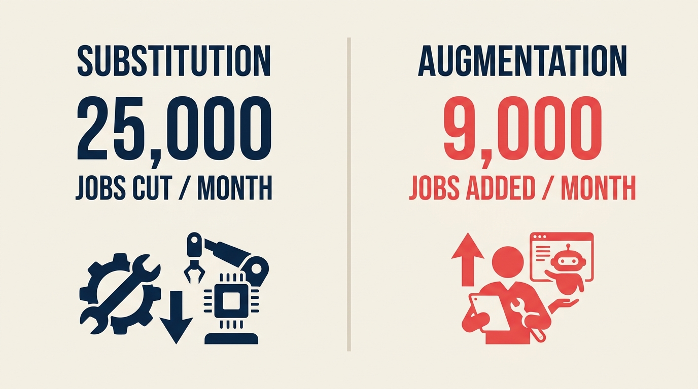 AI substitution cuts about 25,000 jobs a month while augmentation adds back about 9,000