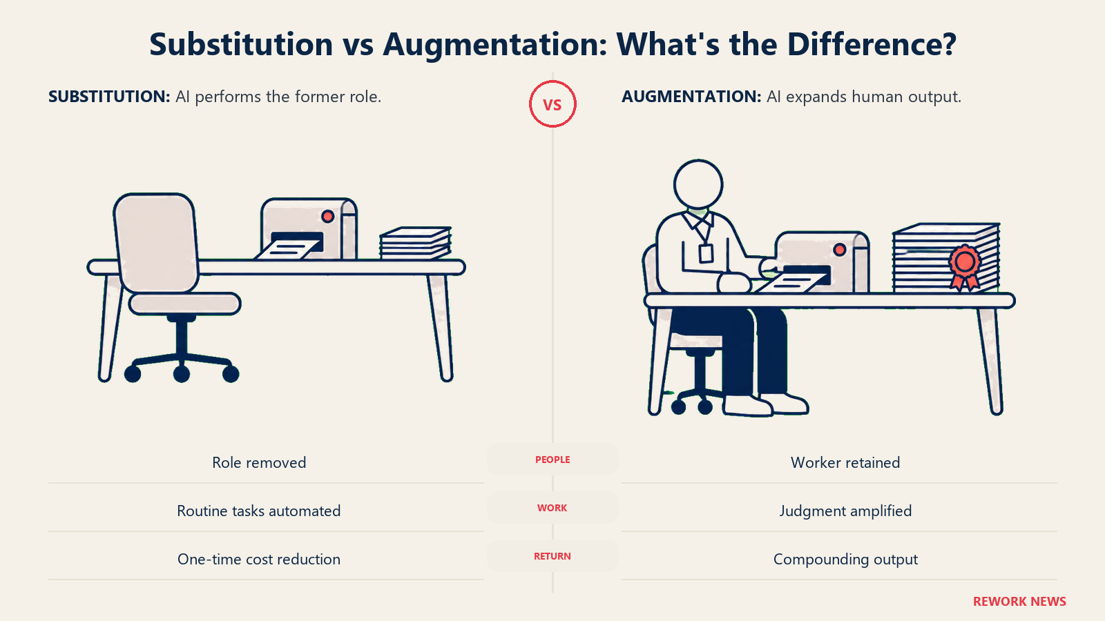 Matched workstations compare AI replacing a worker with AI amplifying a retained worker